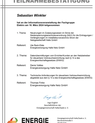 Zertifikat Elektroanlagen