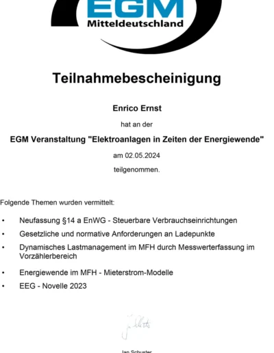 Zertifikat Elektroanlagen